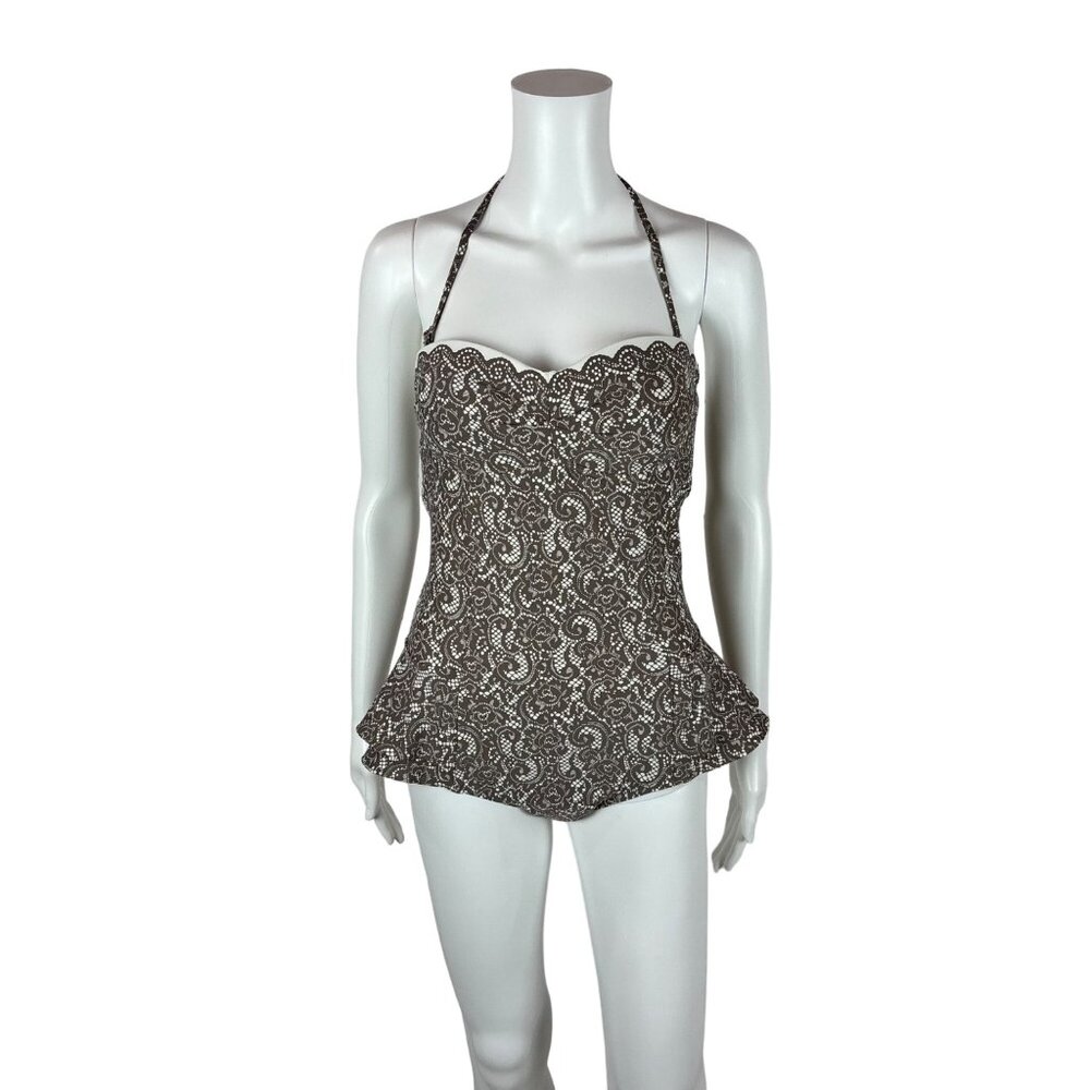 DKNY One Piece Swimsuit Women's Size 10 Brown White Lace Print Retro Pin Up - Picture 2 of 9
